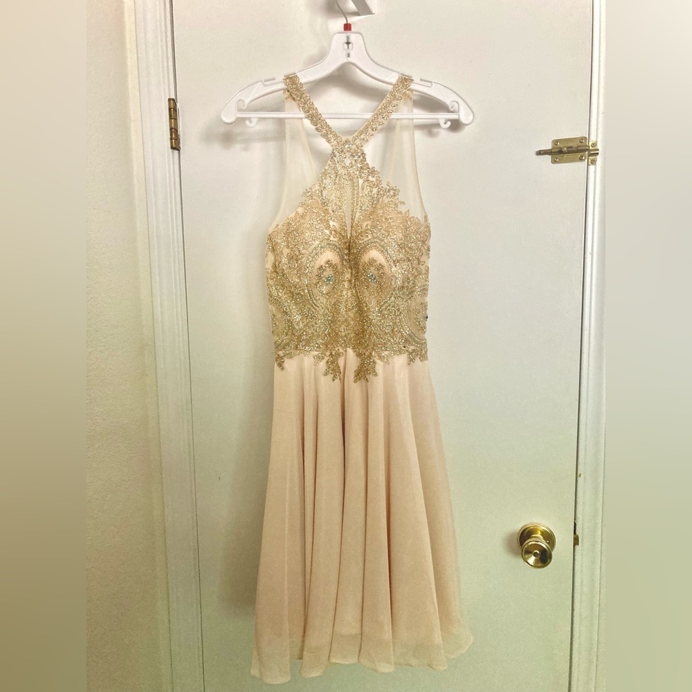 Gold Homecoming Dress Size Small W/ Mesh Scarf